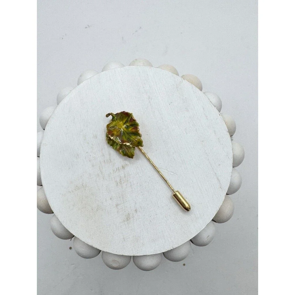 Vintage Enamel Leaf Stick Pin Green Brown Fall Autumn Tree Classic